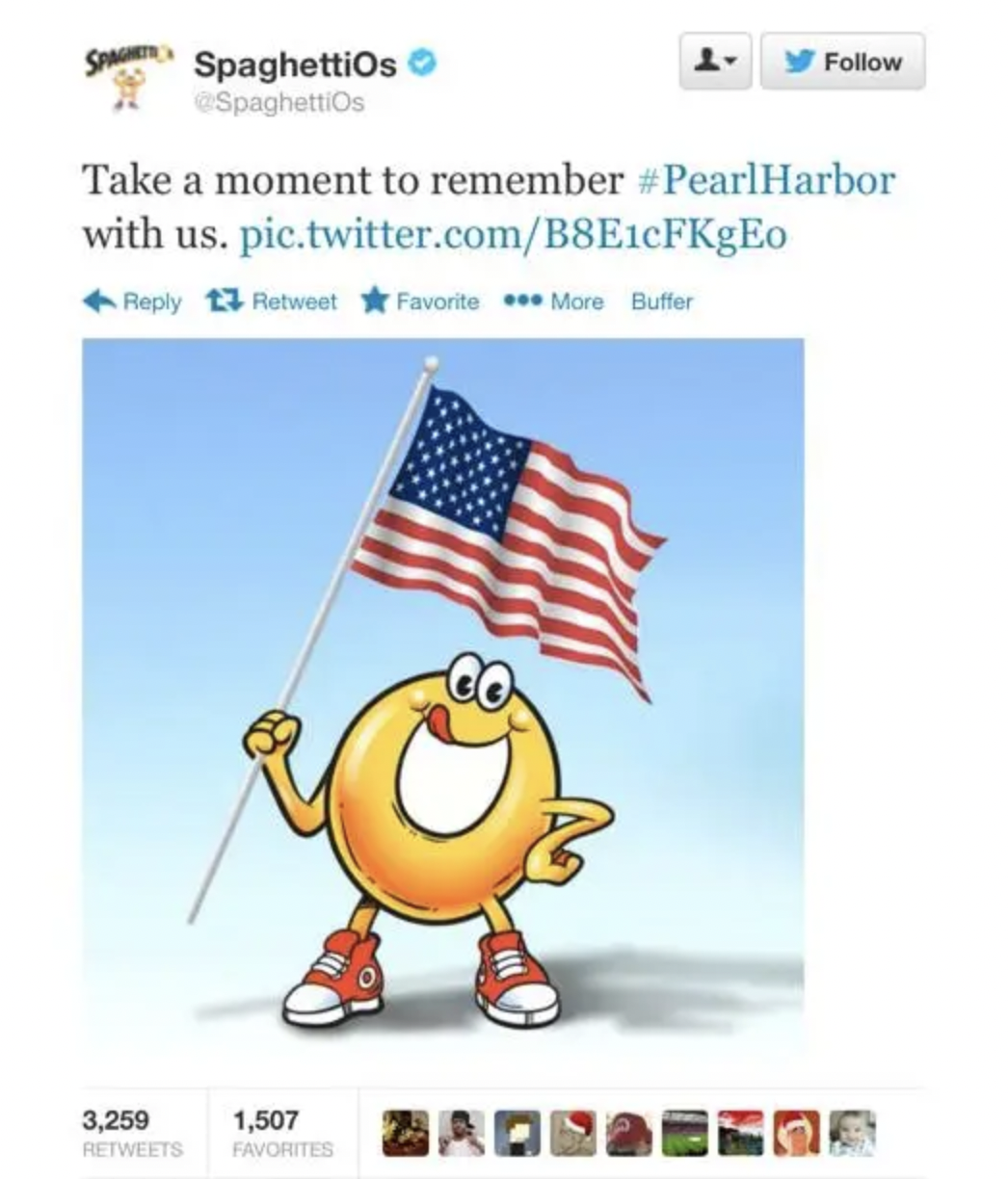 spaghettios pearl harbor - SpaghettiOs SpaghettiOs Take a moment to remember Harbor with us. pic.twitter.comB8E1CFKgEo Retweet Favorite More Buffer 3,259 1,507 Favorites